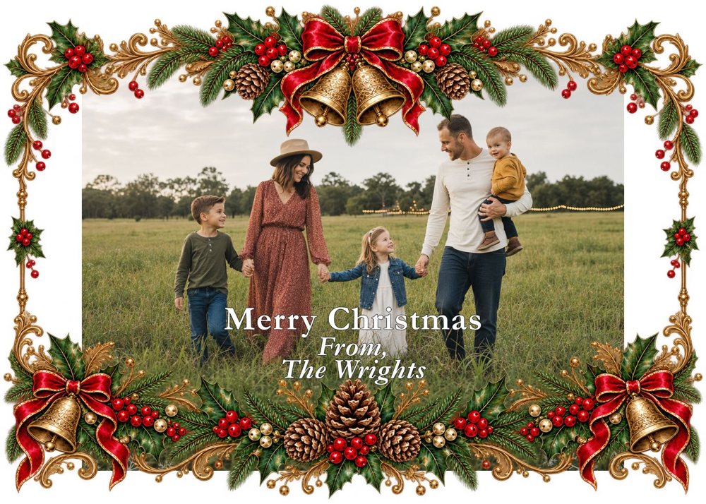 Christmas Card Printing: Print Your AI or Own Design, 5x7 | My Color Copies Sample landscape Christmas card with a Victorian holly, pinecone and gold bell frame around a family photo