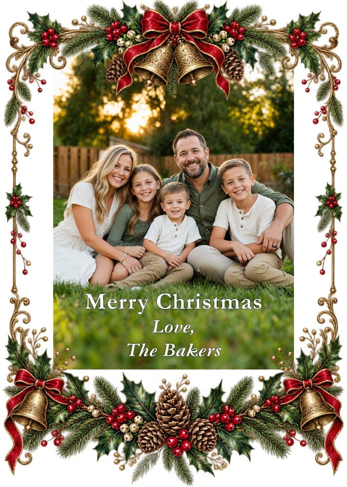 Christmas Card Printing: Print Your AI or Own Design, 5x7 | My Color Copies Sample portrait Christmas card with a Victorian holly, pinecone and gold bell frame around a family photo