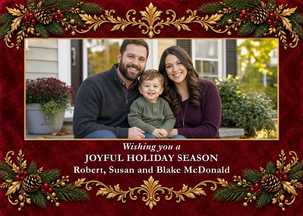 Christmas Card Printing: Print Your AI or Own Design, 5x7 | My Color Copies Sample landscape Christmas card with a burgundy velvet and gold filigree frame around a family photo