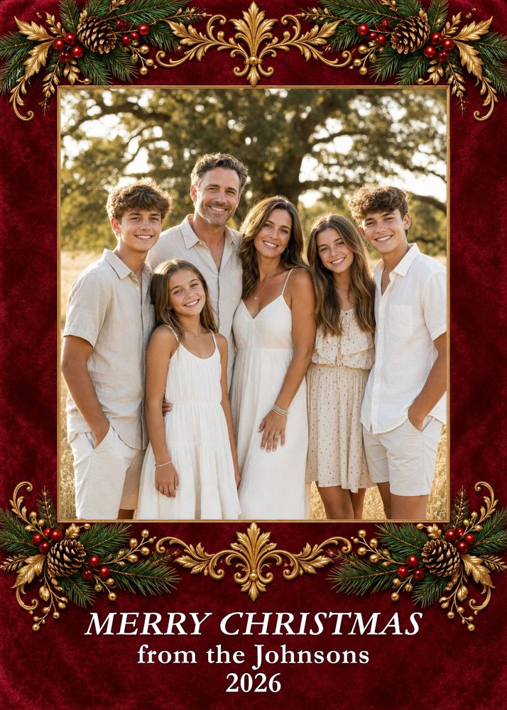 Christmas Card Printing: Print Your AI or Own Design, 5x7 | My Color Copies Sample portrait Christmas card with a burgundy velvet and gold filigree frame around a family photo