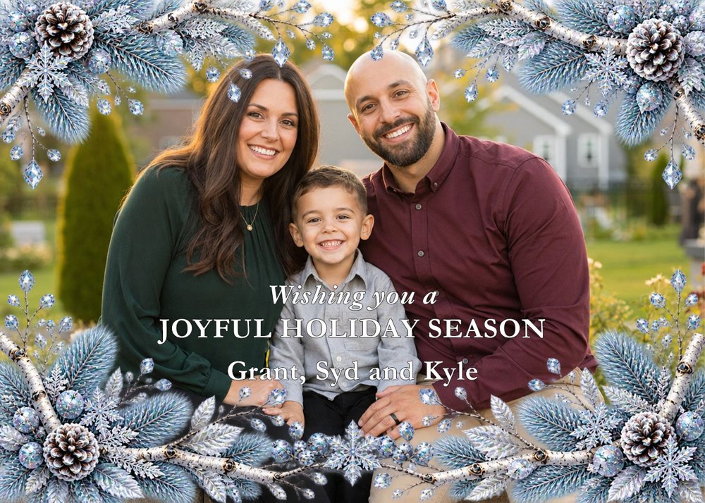Christmas Card Printing: Print Your AI or Own Design, 5x7 | My Color Copies Sample landscape Christmas card with a frosty ice crystal and silver birch frame around a family photo