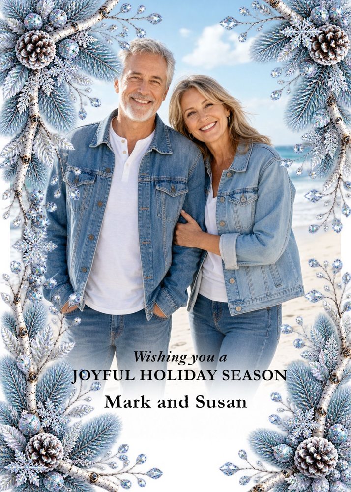 Christmas Card Printing: Print Your AI or Own Design, 5x7 | My Color Copies Sample portrait Christmas card with a frosty ice crystal and silver birch frame around a couple's photo