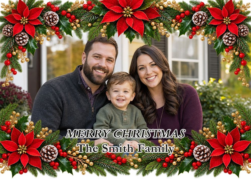 Christmas Card Printing: Print Your AI or Own Design, 5x7 | My Color Copies Sample landscape Christmas card with a red poinsettia, pinecone and cedar frame around a family photo