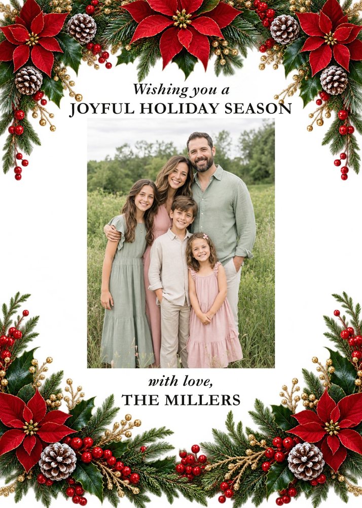 Christmas Card Printing: Print Your AI or Own Design, 5x7 | My Color Copies Sample portrait Christmas card with a red poinsettia, pinecone and cedar frame around a family photo